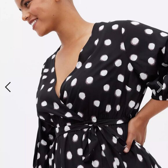 New Look Curve Tie-Waist Faux Wrap Dress 3/4 Sleeve Polka Dot - Picture 2 of 6